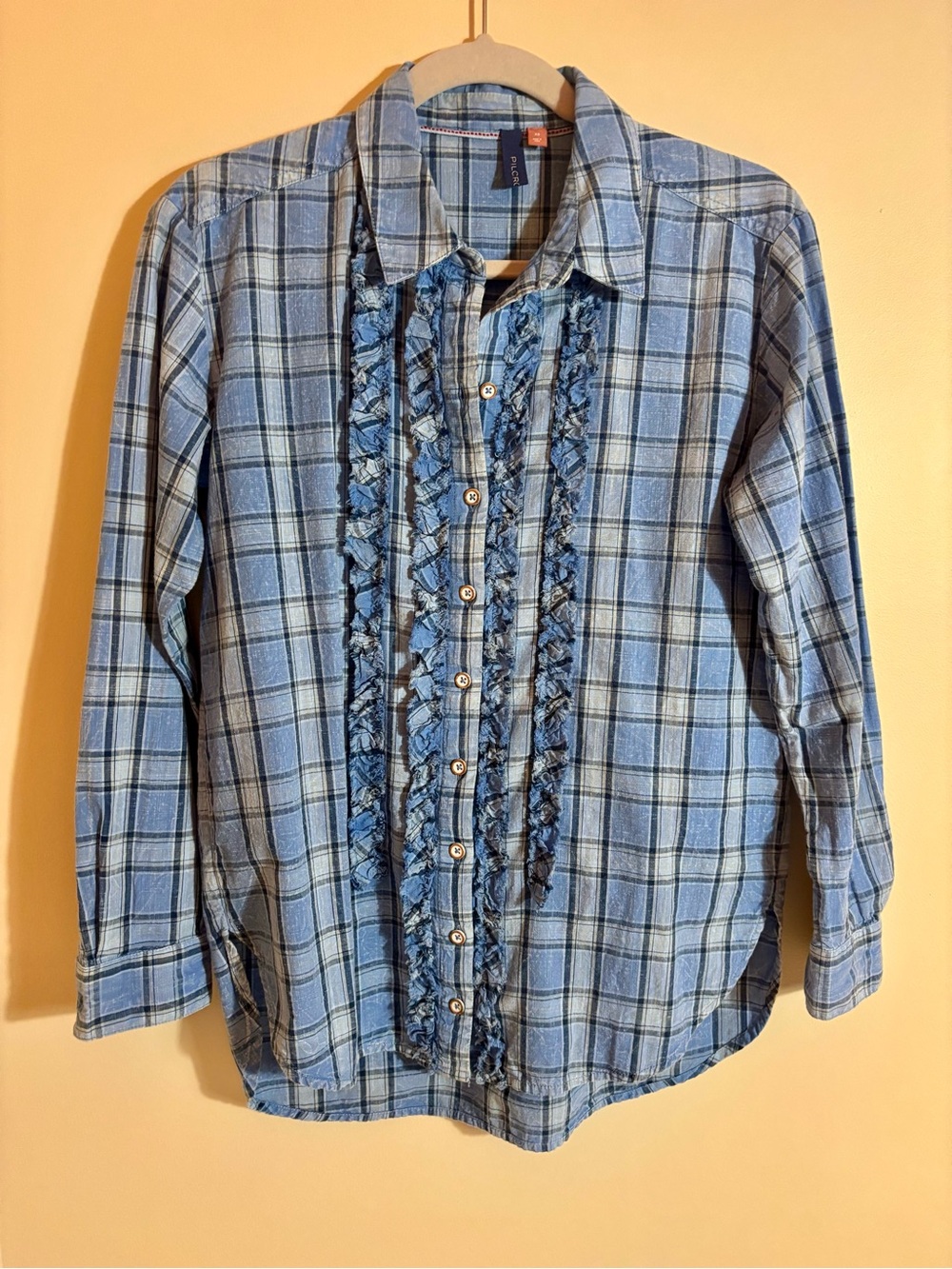 Pilcro Anthropologie Blue Plaid Button-Up Shirt with Ruffle Trim size XS
